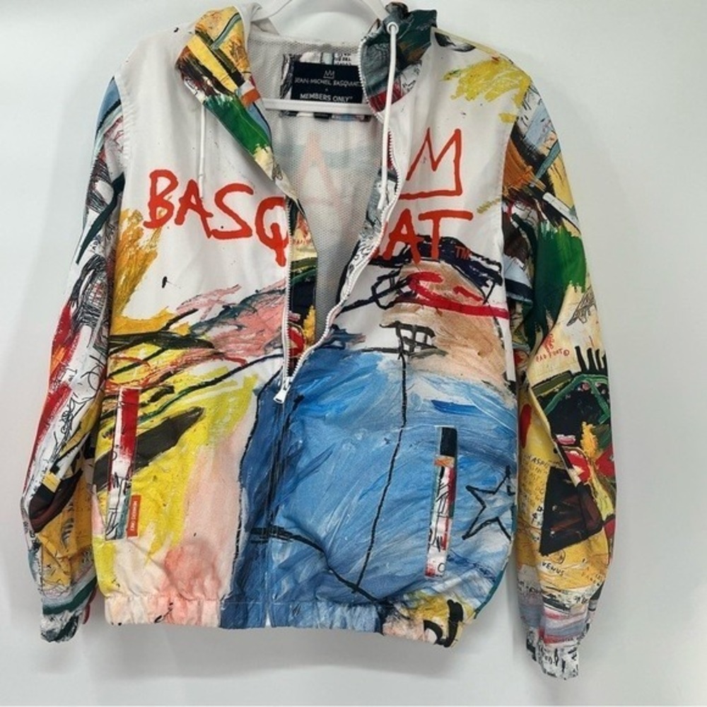 Members Only x Basquiat Jacket Mens Small Black Windbreaker Jean-Michel Art‎ EUC